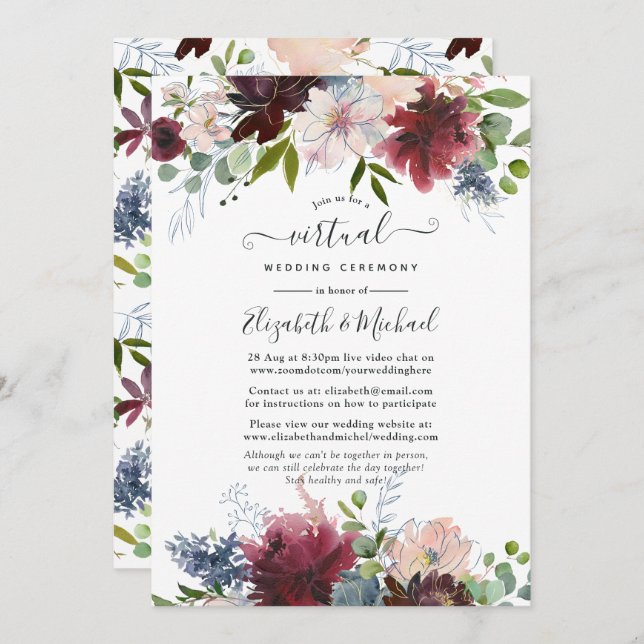 Invitación Borgoña, marina y Boda virtual floral de Rubor (Anverso / Reverso)