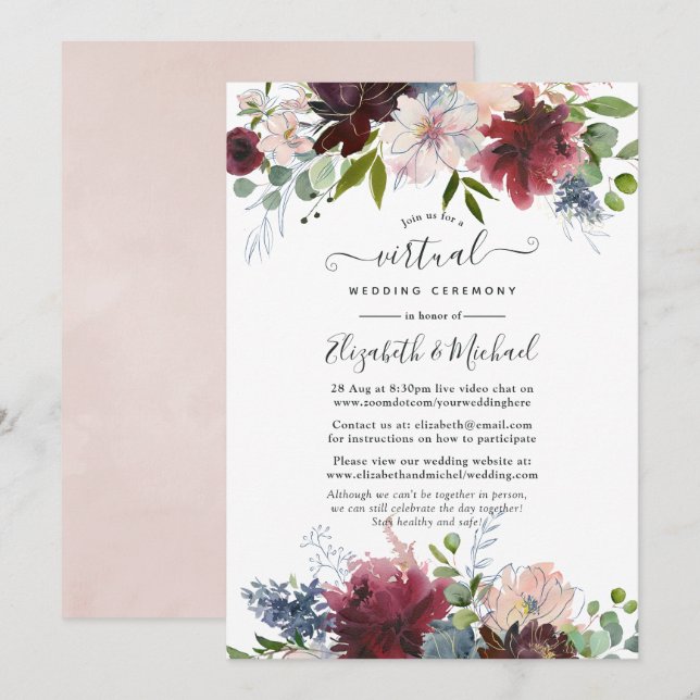 Invitación Borgoña, marina y Boda virtual floral de Rubor (Anverso / Reverso)