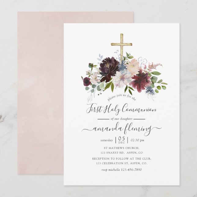 Invitación Borgoña, marina y la comunión floral de Rubor (Anverso / Reverso)