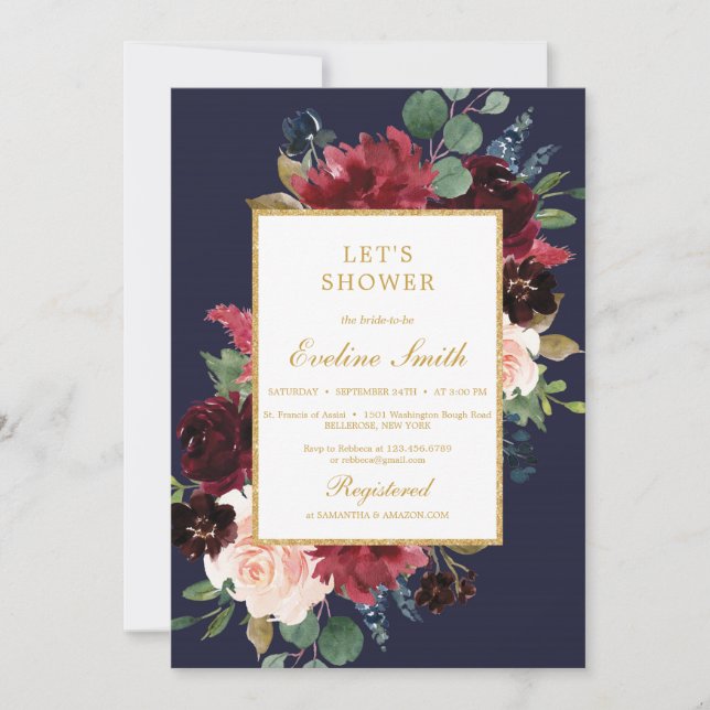 Invitación Borgoña marina y rosa rubia floral de oro (Anverso)