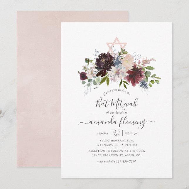 Invitación Borgoña, marina y Rubor Bat Mitzvah (Anverso / Reverso)