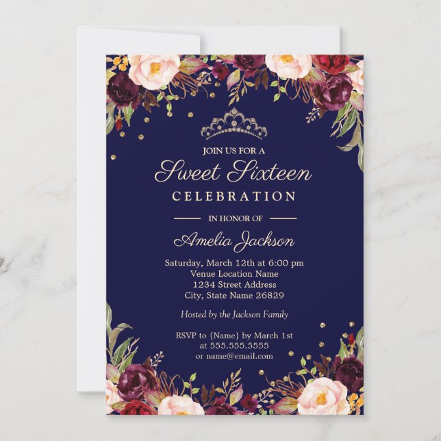 Invitación Borgoña Marítimo Elegante Floral Cumpleaños Diecis (Anverso)