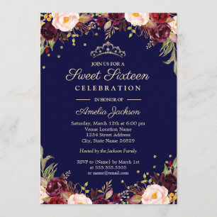 Invitación Borgoña Marítimo Elegante Floral Cumpleaños Diecis