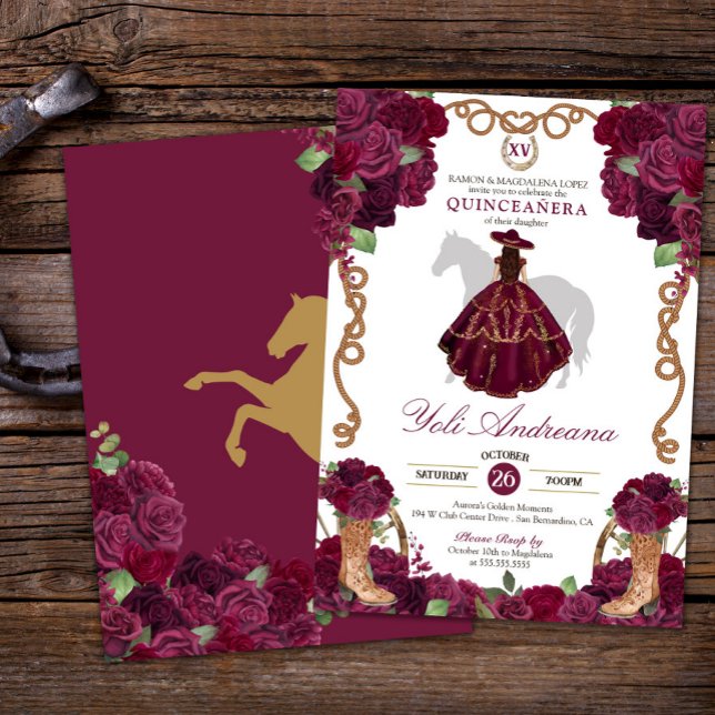 Invitación Borgoña Maroon Charro Vestidos Quinceañera (Subido por el creador)