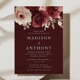 Invitación Borgoña Maroon Elegante Boda de Rosas Vintage
