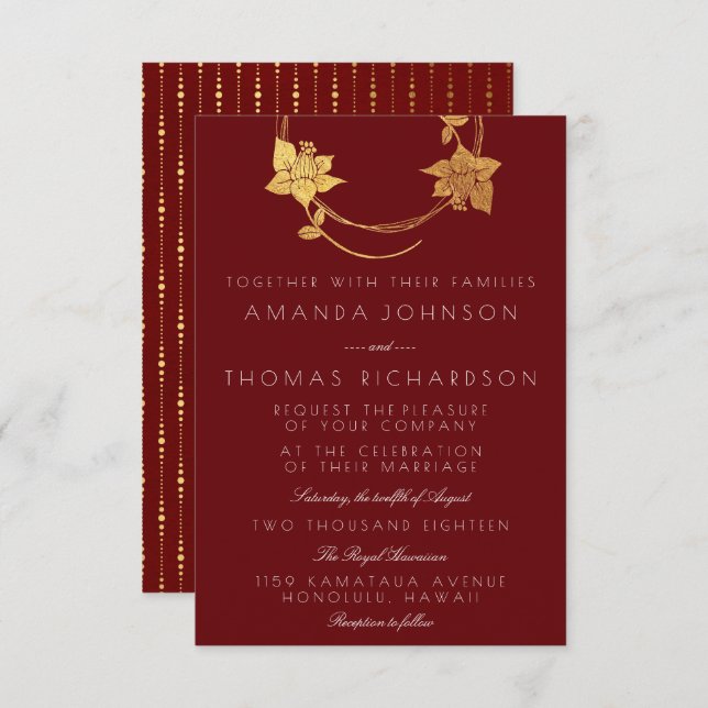 Invitación Borgoña Maroon Gold Wreath Vertical Gold Red Drop (Anverso / Reverso)