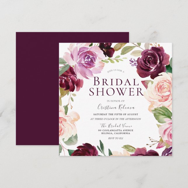 Invitación Borgoña Maroon Rubor Floral Wreath Bridal Shower (Anverso / Reverso)