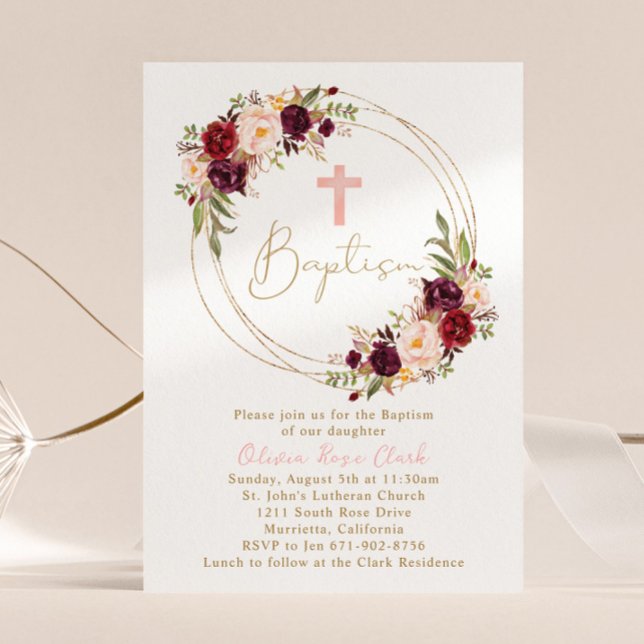 Invitación Borgoña Marsala Bautismo Floral Marco Dorado (Subido por el creador)