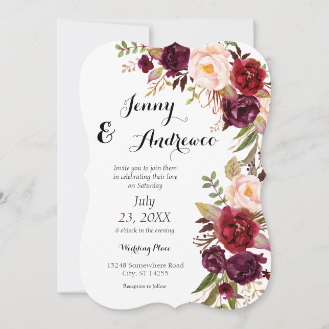 Invitación Borgoña Marsala Boda floral 2 Blanco (Anverso)