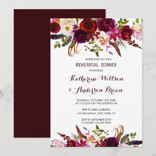 Invitación Borgoña Marsala Boda Floral Ensayo Cena
