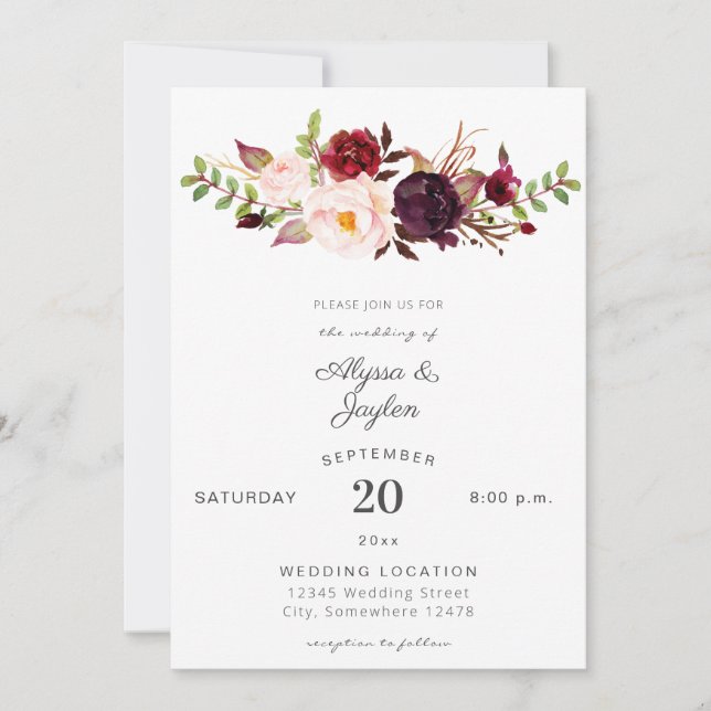 Invitación Borgoña Marsala Boda floral rosa 2 blanco (Anverso)