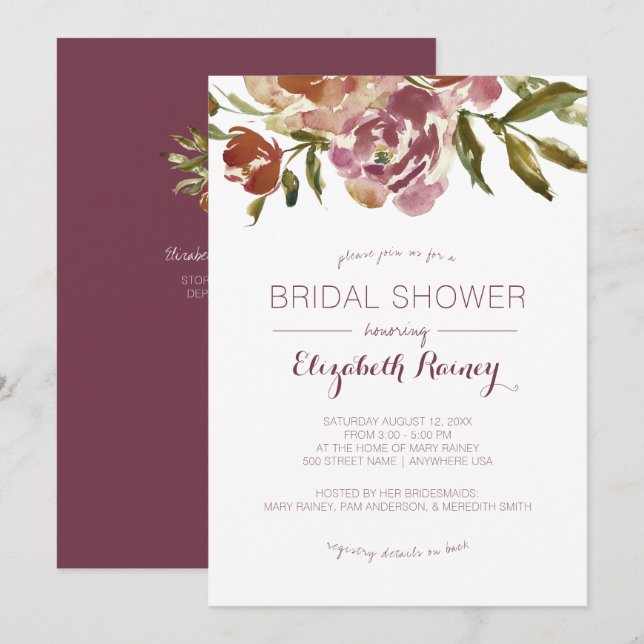 Invitación Borgoña Marsala cae ducha de novia floral (Anverso / Reverso)