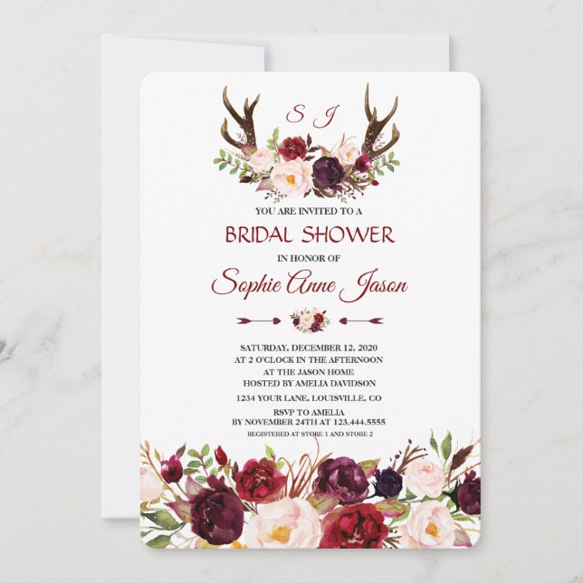 Invitación Borgoña Marsala Floral Antlers Bridal Shower (Anverso)