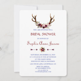 Invitación Borgoña Marsala Floral Antlers Bridal Shower