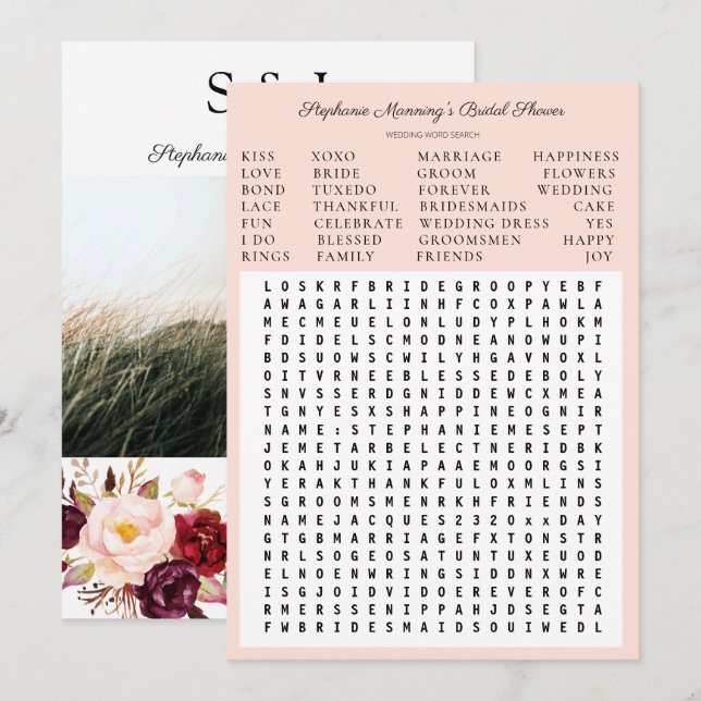 Invitación Borgoña Marsala Floral Bridal Shower Word Search (Anverso / Reverso)