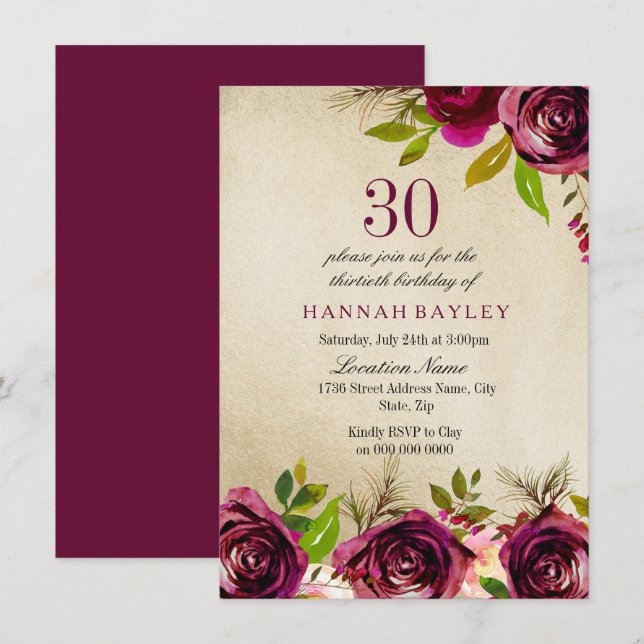 Invitación Borgoña Marsala Floral Gold Invite a cumplir 30 añ (Anverso / Reverso)