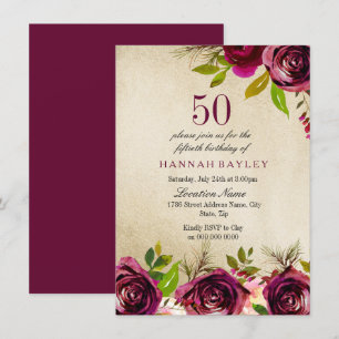 Invitación Borgoña Marsala Floral Gold Invite a cumplir 50 añ
