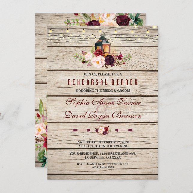 Invitación Borgoña Marsala Floral Linterna Ensayo Cena (Anverso / Reverso)