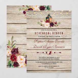 Invitación Borgoña Marsala Floral Linterna Ensayo Cena