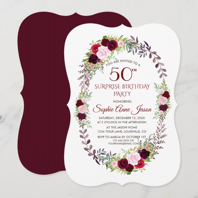 Invitación Borgoña Marsala Floral Wreath 50 cumpleaños (Anverso / Reverso)
