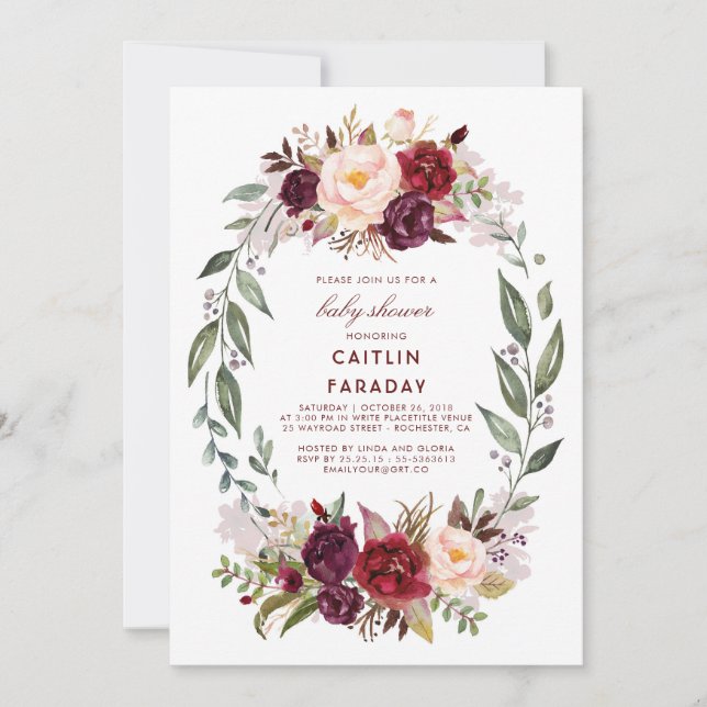Invitación Borgoña - Marsala Floral Wreath Baby Shower (Anverso)