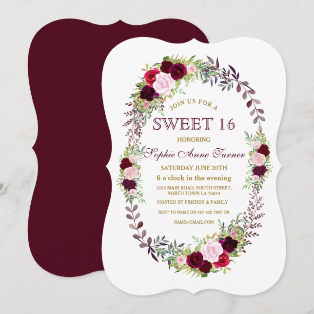Invitación Borgoña Marsala Floral Wreath Sweet 16 Invite (Anverso / Reverso)