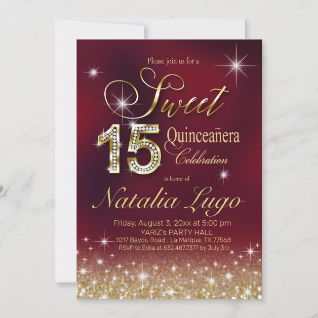 Invitación Borgoña Marsala Gold Purpurina Sweet 15 Quinceaner (Anverso)