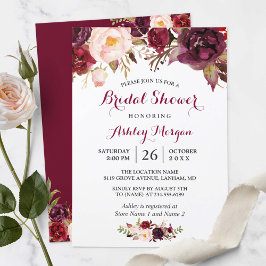 Invitación Borgoña Marsala Red Floral Otoño Bridal Shower