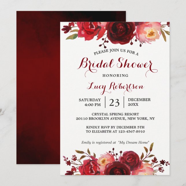 Invitación Borgoña Marsala Rojo Roses Floral Bridal Shower (Anverso / Reverso)