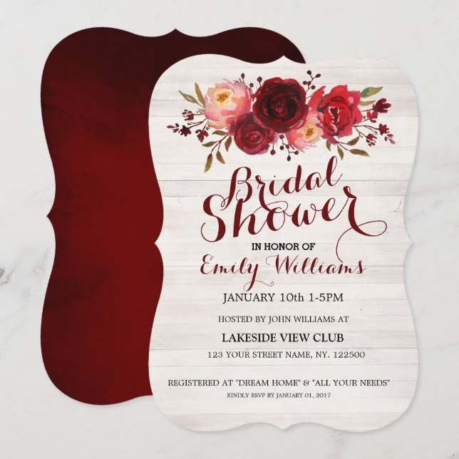 Invitación Borgoña Marsala Rojo Roses Floral Bridal Shower (Anverso / Reverso)