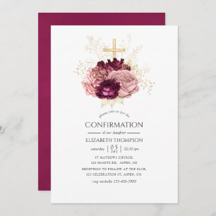 Invitación Borgoña Marsala Rubor Pink and Gold Confirmation
