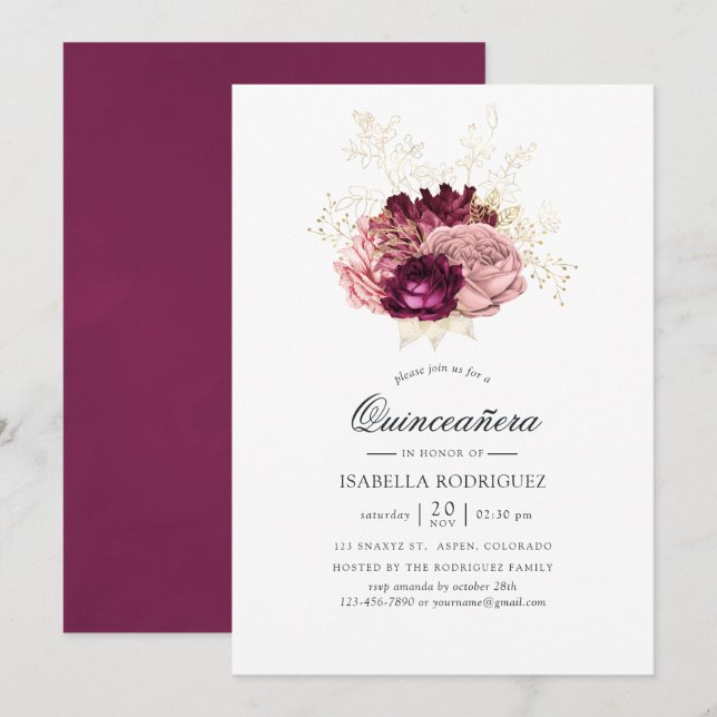 Invitación Borgoña - Marsala Rubor Pink y Gold Quinceañera (Anverso / Reverso)