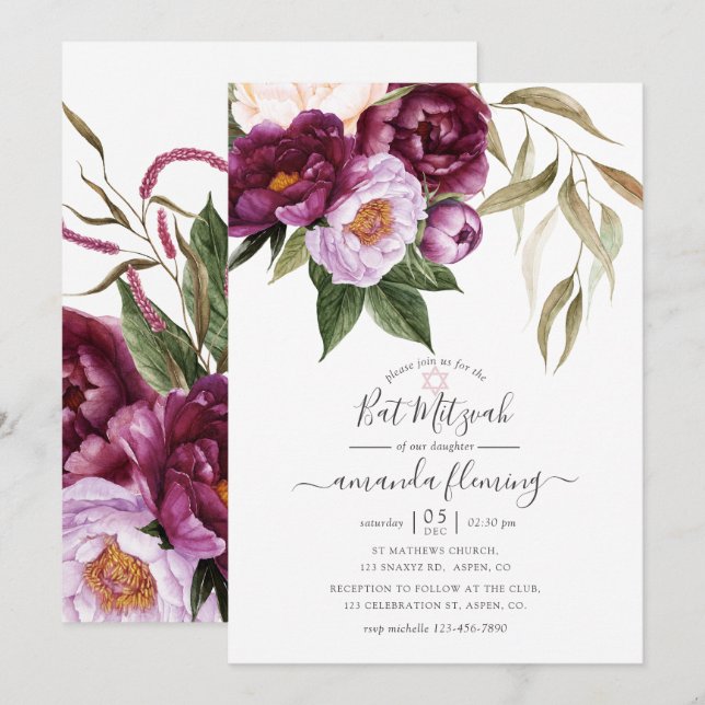 Invitación Borgoña - Marsala y Bat Floral Peach Mitzvah (Anverso / Reverso)
