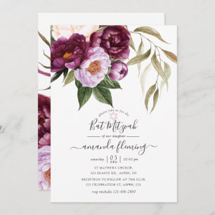 Invitación Borgoña - Marsala y Bat Floral Peach Mitzvah