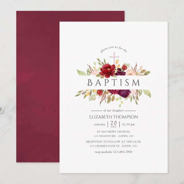 Invitación Borgoña - Marsala y bautismo floral Rubor (Anverso / Reverso)