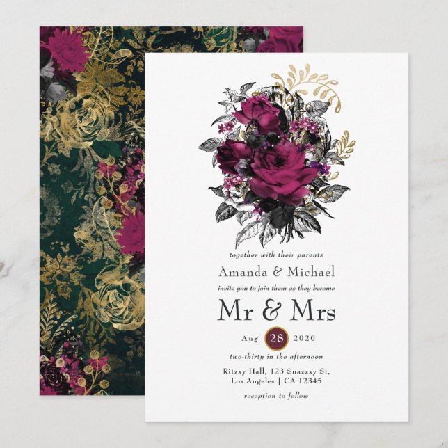 Invitación Borgoña - Marsala y Boda floral de oro (Anverso / Reverso)