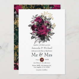 Invitación Borgoña - Marsala y Boda floral de oro