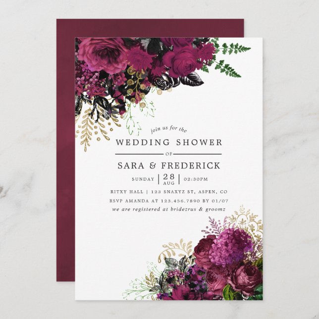 Invitación Borgoña - Marsala y ducha Gold Floral Wedding