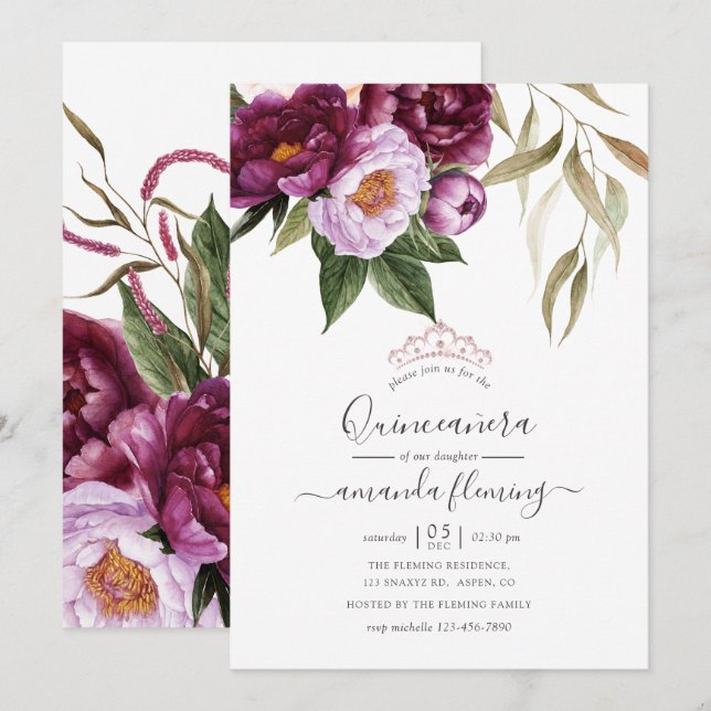 Invitación Borgoña - Marsala y la Quinceañera floral de Peach (Anverso / Reverso)