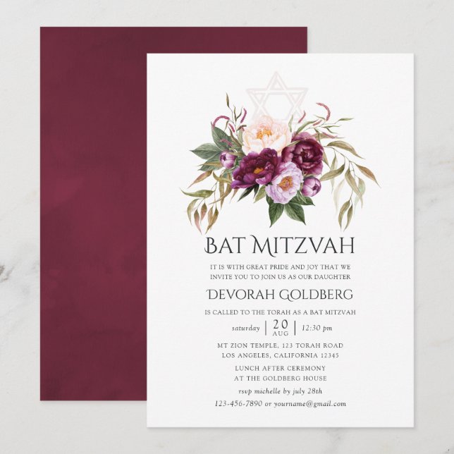 Invitación Borgoña - Marsala y Peach Bat Mitzvah (Anverso / Reverso)