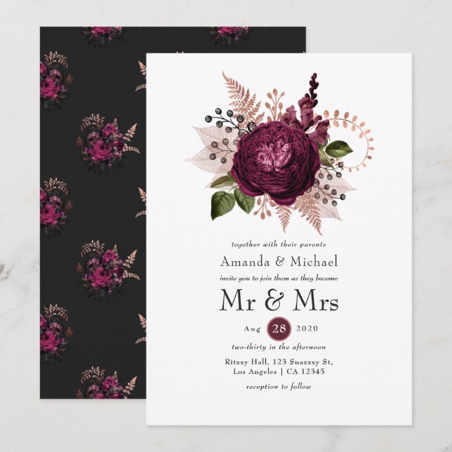 Invitación Borgoña - Marsala y Rosa Boda de Floral de oro (Anverso / Reverso)