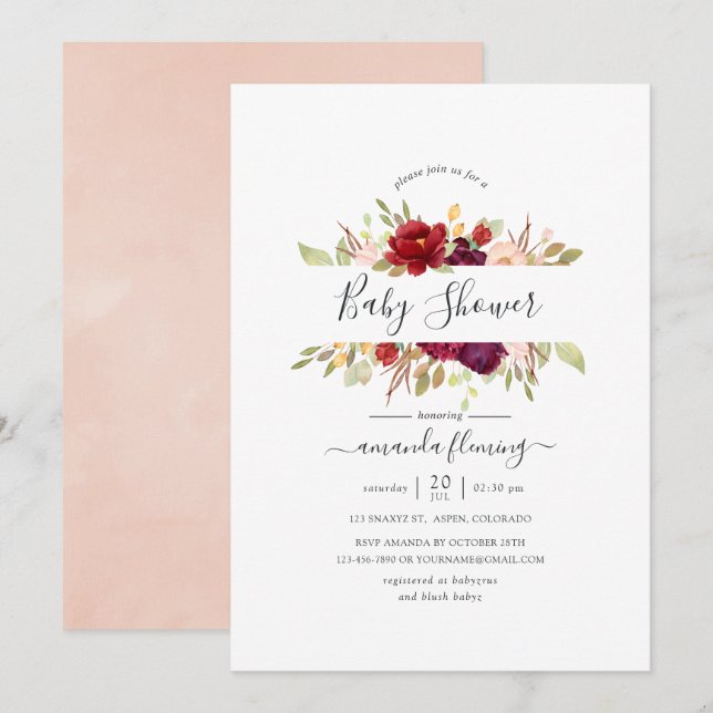 Invitación Borgoña - Marsala y Rubor Floral Baby Shower (Anverso / Reverso)