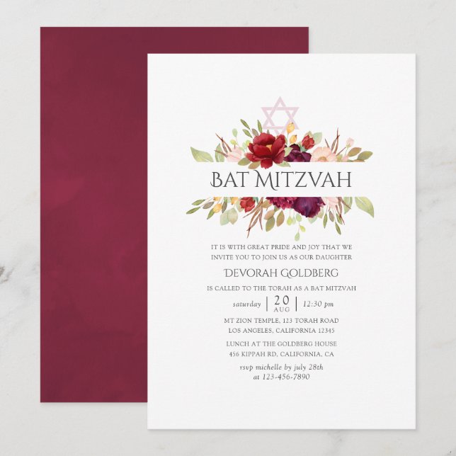 Invitación Borgoña - Marsala y Rubor Floral Bat Mitzvah (Anverso / Reverso)