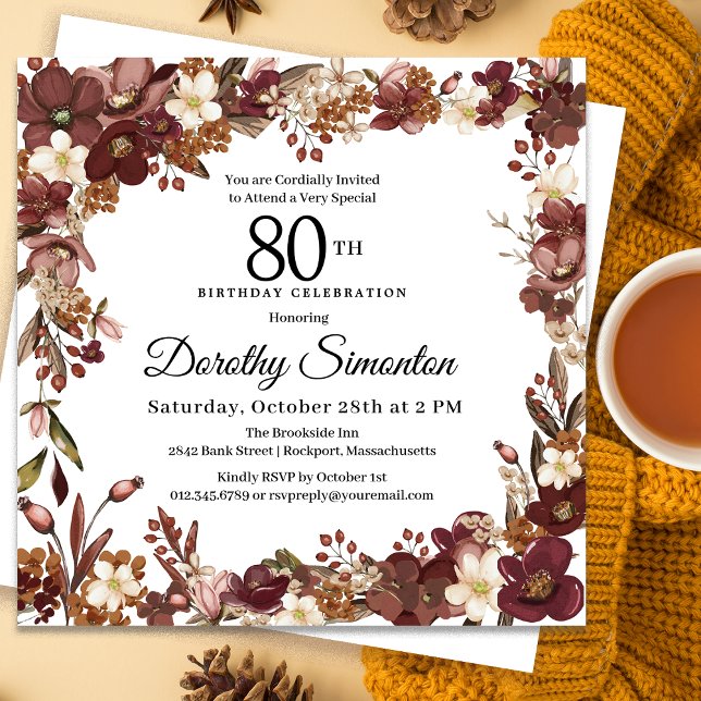 Invitación Borgoña Mauve Ivory Fall Floral 80 cumpleaños (Need matching party supplies? Message me!)