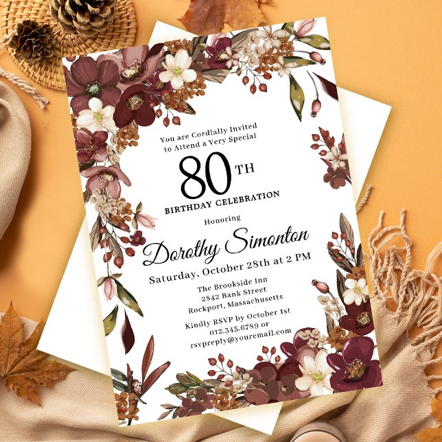 Invitación Borgoña Mauve Ivory Fall Floral 80 cumpleaños (Need a matching fall welcome sign? Party supplies. Message me!)
