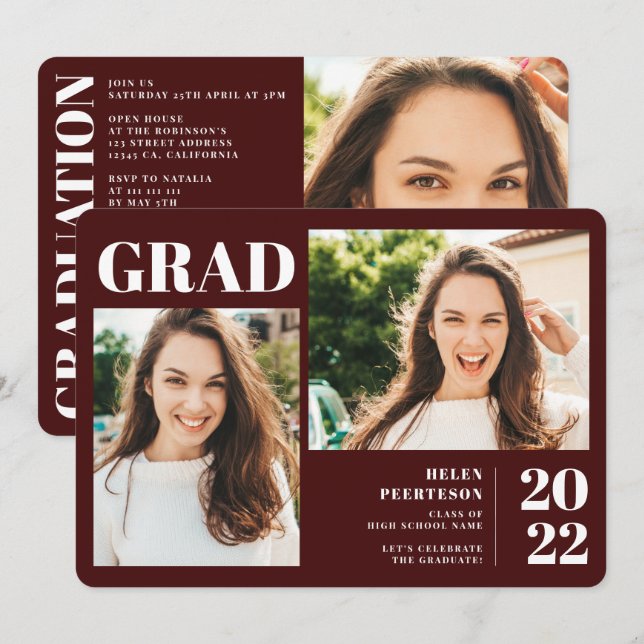 Invitación Borgoña minimalista moderno 3 fotos graduación (Anverso / Reverso)