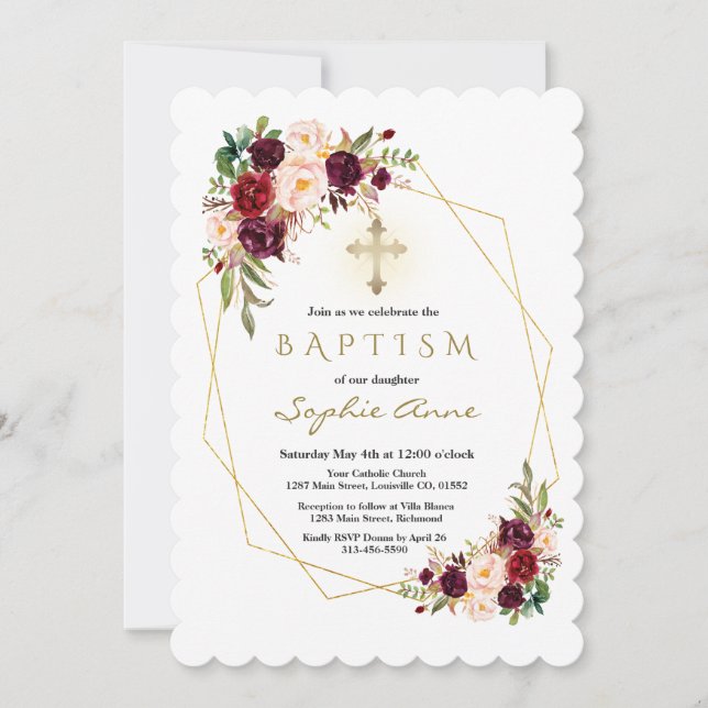 Invitación Borgoña moderna Marsala Floral Gold Cross Baptism (Anverso)