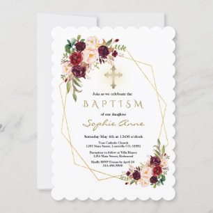 Invitación Borgoña moderna Marsala Floral Gold Cross Baptism