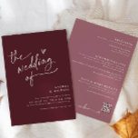 Invitación Borgoña moderna / Merlot Handwrit Boda<br><div class="desc">Esta moderna y divertida invitación a la boda incluye "el boda de" y un corazón dibujado a mano en un divertido guión de escritura de manual de merlot / borgoña. La parte trasera está en una malva polvorienta y cuenta con los detalles de su boda. Es muy moderno, sencillo y...</div>