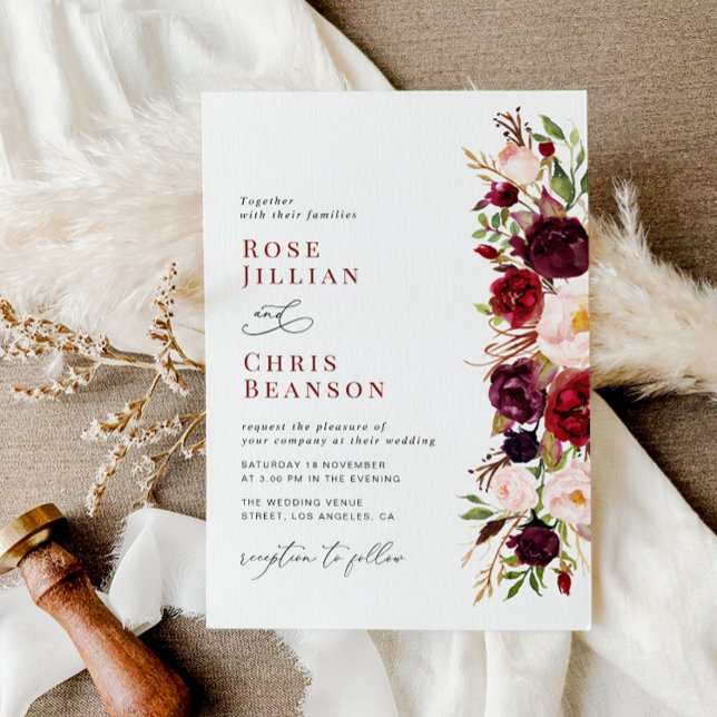 Invitación Borgoña Moderna Y Boda Floral Rubor (Subido por el creador)